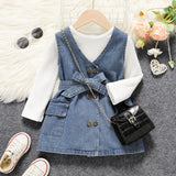 2pcs Toddler Girl Long - sleeve Ribbed White Tee and Button Design Belted Denim Dress Set - MomYom PK