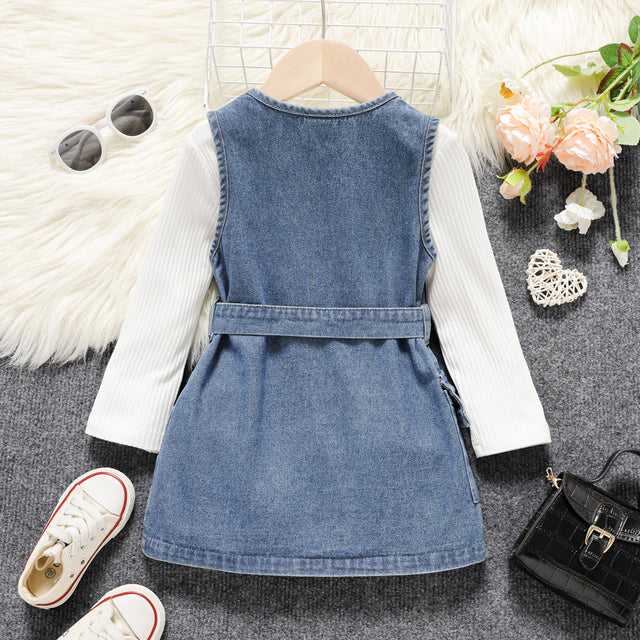 2pcs Toddler Girl Long - sleeve Ribbed White Tee and Button Design Belted Denim Dress Set - MomYom PK