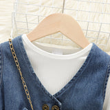 2pcs Toddler Girl Long - sleeve Ribbed White Tee and Button Design Belted Denim Dress Set - MomYom PK