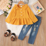 2pcs Toddler Girl Sweet Ripped Cotton Denim Jeans and Doll Collar Crepe Blouse Set - MomYom PK