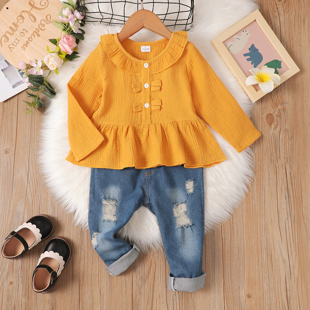 2pcs Toddler Girl Sweet Ripped Cotton Denim Jeans and Doll Collar Crepe Blouse Set - MomYom PK