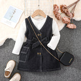 2pcs Toddler Girl Long - sleeve Ribbed White Tee and Button Design Belted Denim Dress Set - MomYom PK