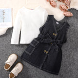 2pcs Toddler Girl Long - sleeve Ribbed White Tee and Button Design Belted Denim Dress Set - MomYom PK