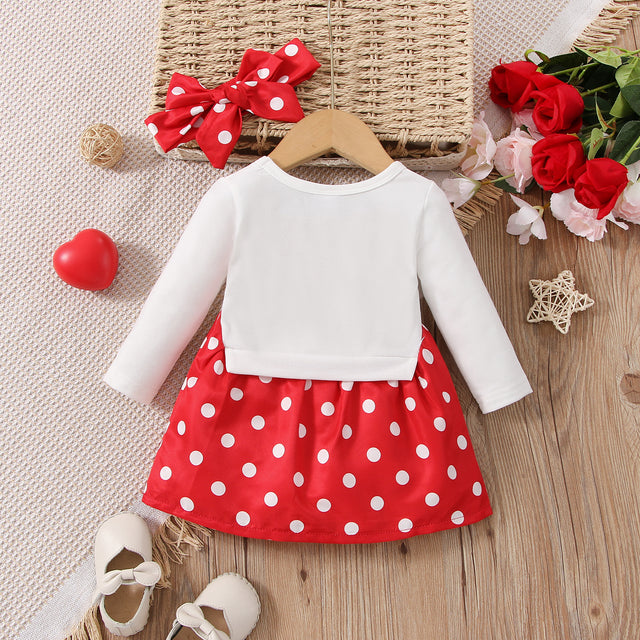 2pcs Baby Girl Polka Dot Print Figure Graphic Long-sleeve Faux-two Dress & Headband Set