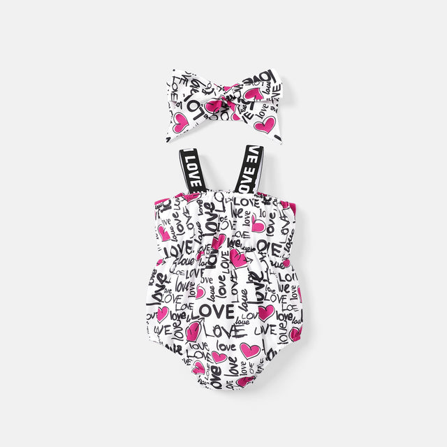 Naia™ Baby Girl Bow Front Allover Letter Print Strap Romper