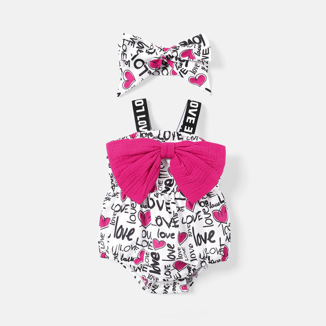 Naia™ Baby Girl Bow Front Allover Letter Print Strap Romper