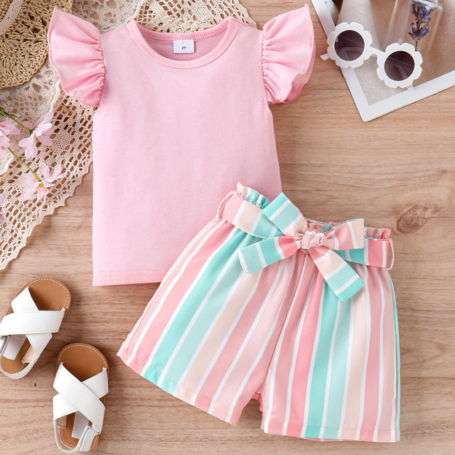 2pcs Toddler Girl Sweet Flutter - sleeve Tee and Stripe Belted Shorts Set - MomYom PK