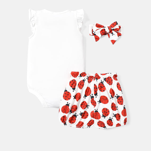 3pcs Baby Girl Cotton Ruffle Short-sleeve Letter Graphic Romper and Ladybird Print Naia™ Belted Shorts & Headband Set