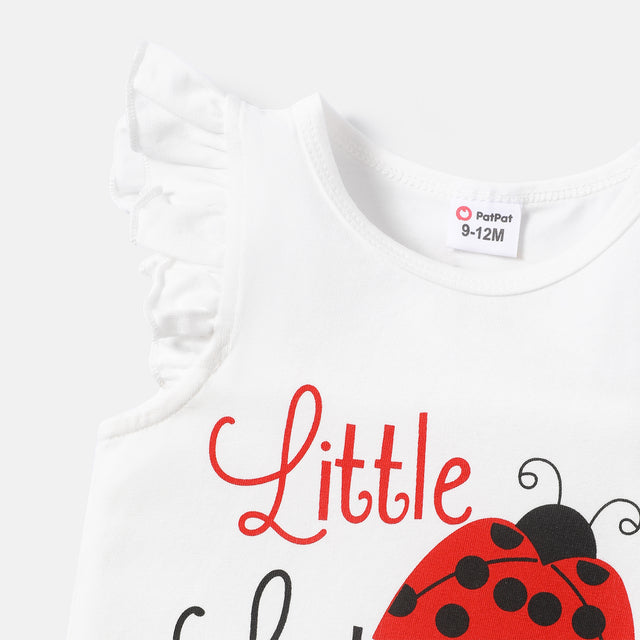 3pcs Baby Girl Cotton Ruffle Short-sleeve Letter Graphic Romper and Ladybird Print Naia™ Belted Shorts & Headband Set