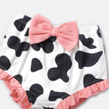 3pcs Baby Girl Cotton Short - sleeve Letter Graphic Romper and Cow Print Naia™ Shorts & Headband Set - MomYom PK