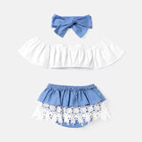 3pcs Baby Girl 100% Cotton Bow Front Off Shoulder Short-sleeve Crop Top and Lace Ruffle Trim Shorts & Headband Set