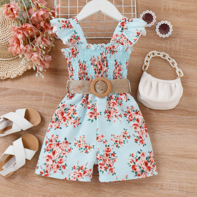 2pcs Toddler Girl Sweet Floral Print Smocked Sleeveless Rompers and Belt - MomYom PK