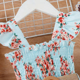 2pcs Toddler Girl Sweet Floral Print Smocked Sleeveless Rompers and Belt - MomYom PK