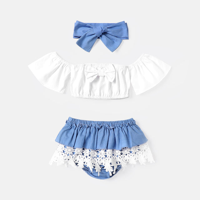 3pcs Baby Girl 100% Cotton Bow Front Off Shoulder Short-sleeve Crop Top and Lace Ruffle Trim Shorts & Headband Set