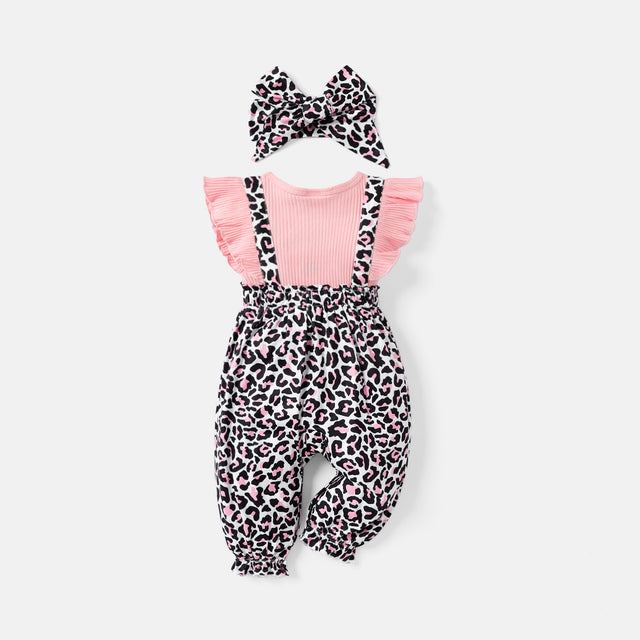 2pcs Baby Girl Letter Embroidered Solid & Leopard-print Spliced Ribbed Ruffle-sleeve Bow Front Jumpsuit & Headband Set