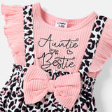 2pcs Baby Girl Letter Embroidered Solid & Leopard-print Spliced Ribbed Ruffle-sleeve Bow Front Jumpsuit & Headband Set