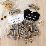 2pcs Baby Girl Short - sleeve Letter Print Spliced Plaid Dress & Headband Set - MomYom PK