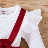 2pcs Baby Girl Cotton Ribbed Solid Spliced Long-sleeve Bow Front Romper & Headband Set