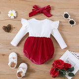 2pcs Baby Girl Cotton Ribbed Solid Spliced Long-sleeve Bow Front Romper & Headband Set