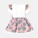 Baby Girl Letter Graphic Cotton Ruffle Short-sleeve Spliced Floral Print Bow Front Mesh Dress