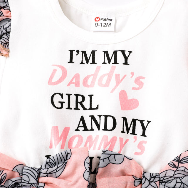 Baby Girl Letter Graphic Cotton Ruffle Short-sleeve Spliced Floral Print Bow Front Mesh Dress