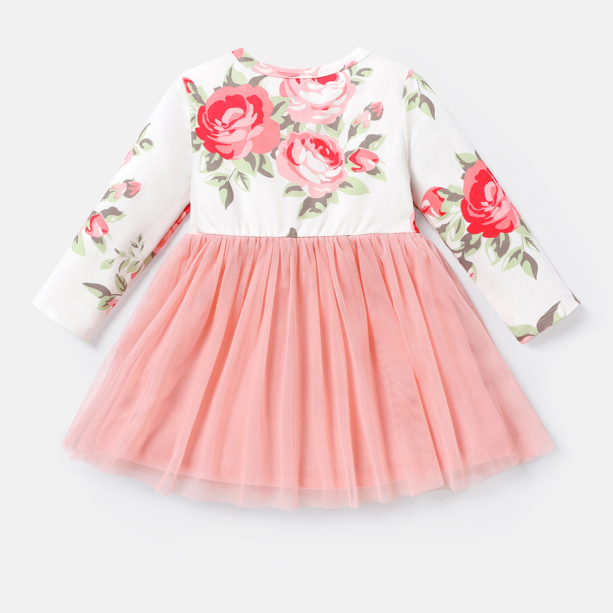 Baby Girl Letter Graphic Floral Print Long-sleeve Bow Front Naia™ Spliced Mesh Dress