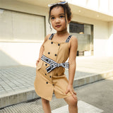 2pcs Toddler Girl 100% Cotton Double Breasted Letter Print Strap Dress and Belt