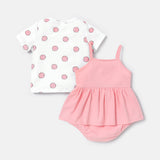 2pcs Baby Girl Cotton Cat Pattern Slip Romper and Cotton Polka Dot Short-sleeve Tee Set