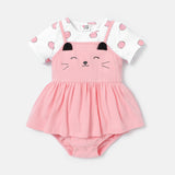 2pcs Baby Girl Cotton Cat Pattern Slip Romper and Cotton Polka Dot Short-sleeve Tee Set