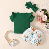 3pcs Baby Girl Solid Cotton Ruffle Short-sleeve Tee and Floral Print Belted Shorts & Headband Set