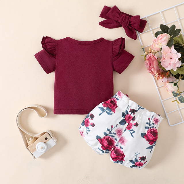 3pcs Baby Girl Solid Cotton Ruffle Short-sleeve Tee and Floral Print Belted Shorts & Headband Set