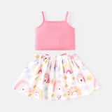 2pcs Baby Girl 100% Cotton Ruffle Trim Cami Top and Allover Print Bow Front Skirt Set