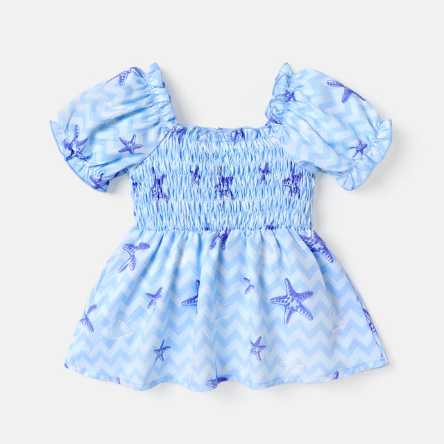 Baby Girl Allover Starfish Print Blue Puff-sleeve Shirred Dress