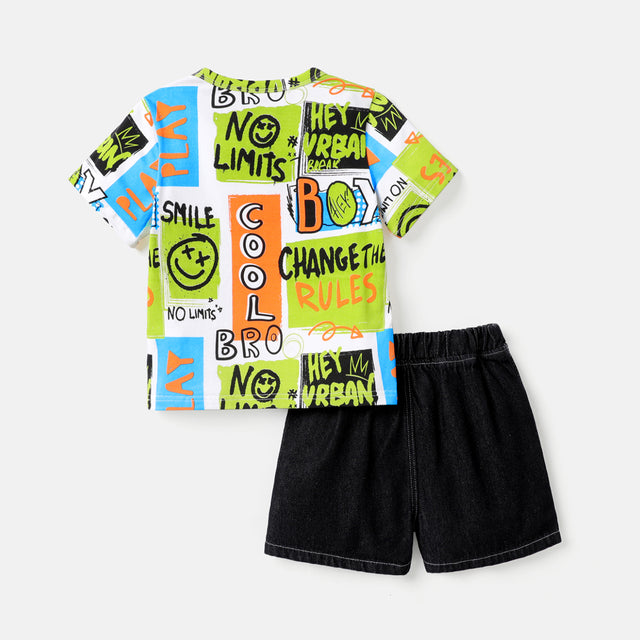 2pcs Toddler Boy Graffiti Print Short-sleeve Tee and Ripped Denim Shorts Set