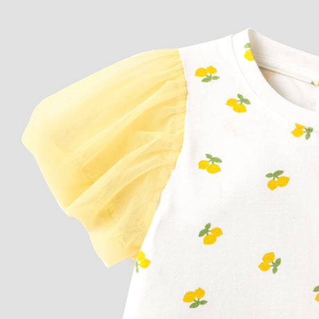 Toddler Girl Cotton Allover Lemon Print Puff-sleeve Spliced Mesh Dress