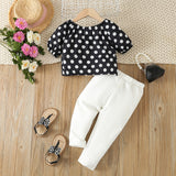 2pcs Toddler Girl Trendy Polka Dots Short-sleeve Top and White Pants Set