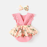 2pcs Baby Girl 100% Cotton Solid & Floral - print Spliced Lace Flutter - sleeve Romper with Headband Set - MomYom PK