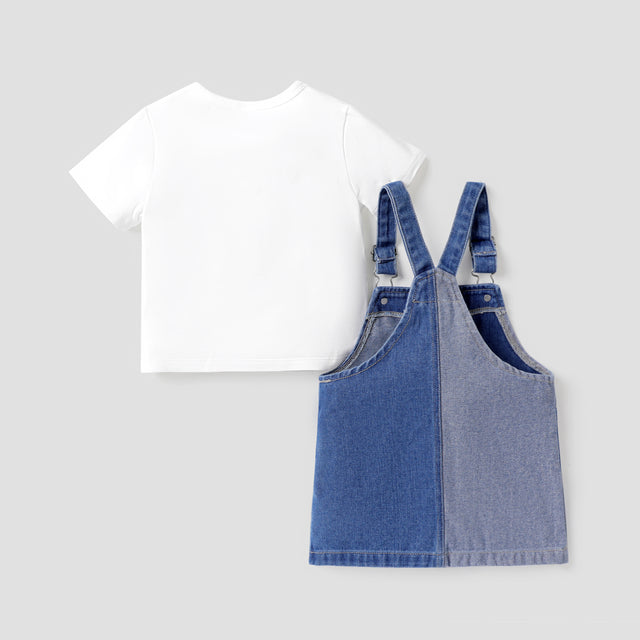 2pcs Baby Girl Cotton Letter Print Short-sleeve Tee and Colorblock Denim Overall Dress Set