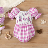 Baby Girl Plaid Puff-sleeve Spliced Floral Print Shirred Romper