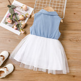 Toddler Girl Denim Mesh Splice Lapel Collar Sleeveless Dress