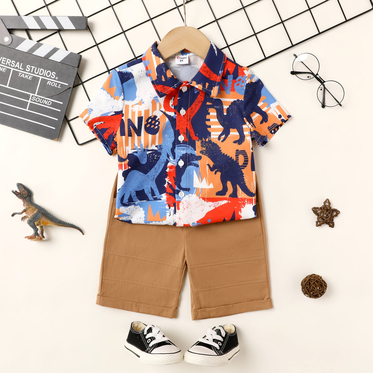 2Pcs Toddler Boy Dinosaur Print Short-sleeve Shirt and Shorts Set