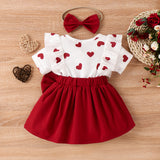 2pcs Baby Girl Heart Print Ruffled Short - sleeve Faux - two Bow Front Dress & Headband Set - MomYom PK