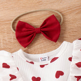 2pcs Baby Girl Heart Print Ruffled Short - sleeve Faux - two Bow Front Dress & Headband Set - MomYom PK