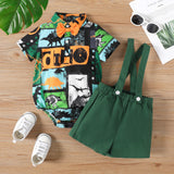 2pcs Baby Boy 100% Cotton Suspender Shorts and Allover Print Bow Tie Decor Short-sleeve Romper Set