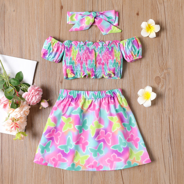 3Pcs Toddler Girl Headband & Colorful Butterfly Print Off-Shoulder Top and Skirt Set