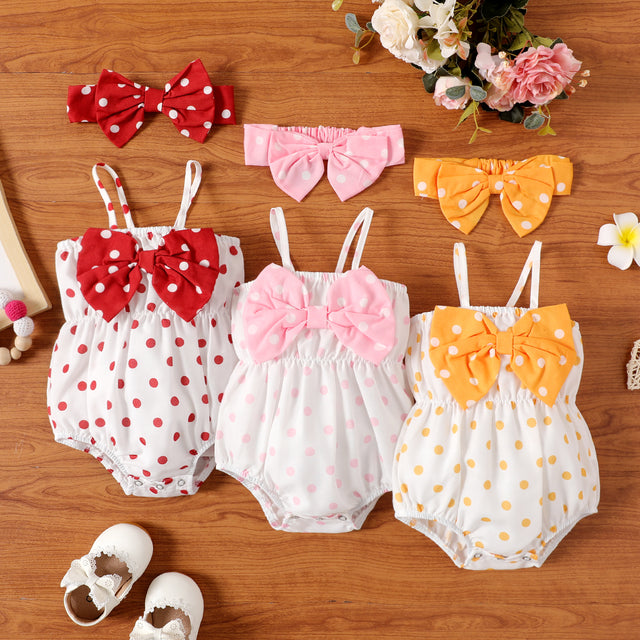 2pcs Baby Girl Polka Dots Print Bow Front Cami Romper & Headband Set - MomYom PK