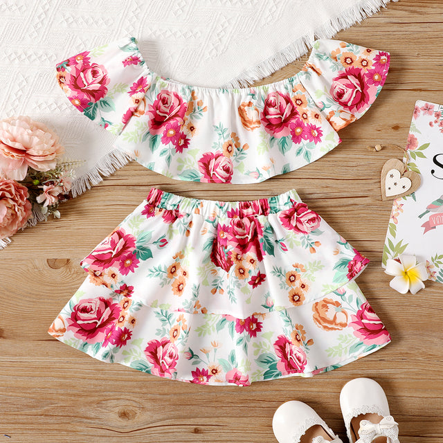 2pcs Toddler Girl Floral Print Off Shoulder Blouse and Layered Skirt Set