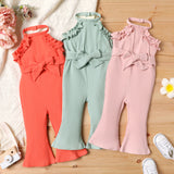 2pcs Baby Girl Cotton Ribbed Ruffle Trim Halter Sleeveless Bell Bottom Jumpsuit & Belt Set - MomYom PK