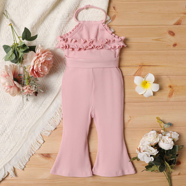 2pcs Baby Girl Cotton Ribbed Ruffle Trim Halter Sleeveless Bell Bottom Jumpsuit & Belt Set - MomYom PK