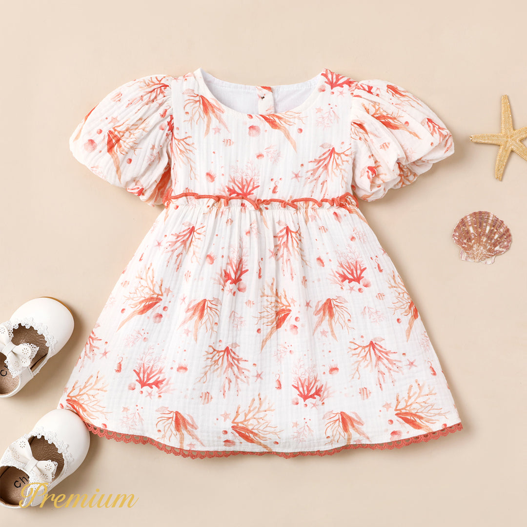 Baby Girl 100% Cotton Allover Coral Print Puff-sleeve Dress – MomYom